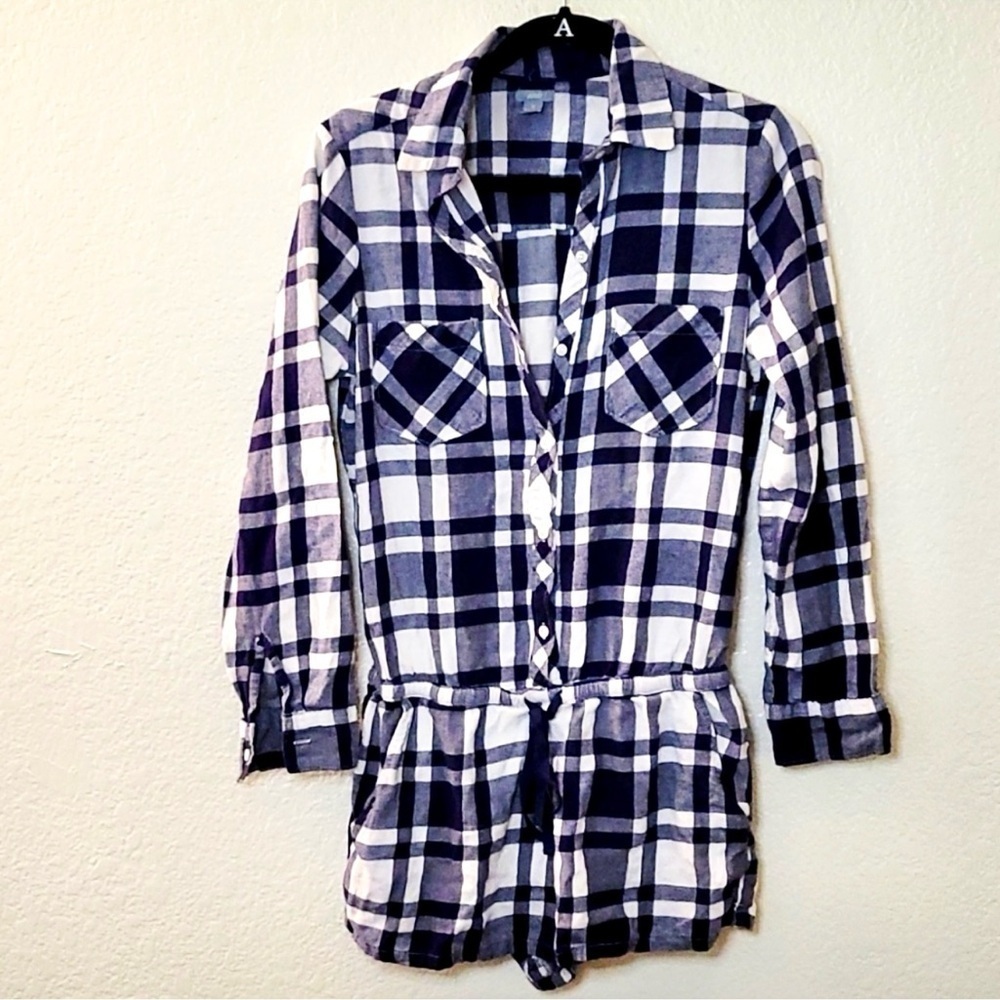 Aerie Blue Plaid Flannel Cotton Romper button down women’s size S Retro boho